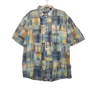 Vintage y2k Patchwork Quilt Short Sleeve Button Shirt Fishing Art Skater Punk XL